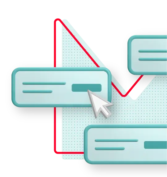 Blue, layered interface cards over a background outlined in red and a cursor icon indicating content selection